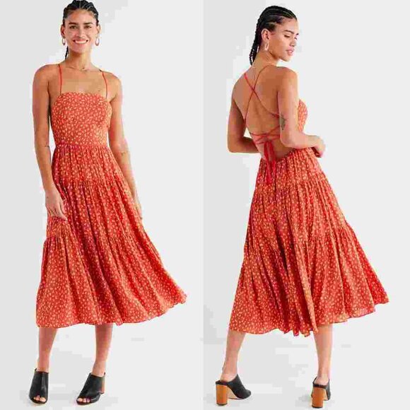 Urban Outfitters UO Sparks Fly Tiered Midi Dress Red Orange Lace Up Back Size M - Picture 2 of 8